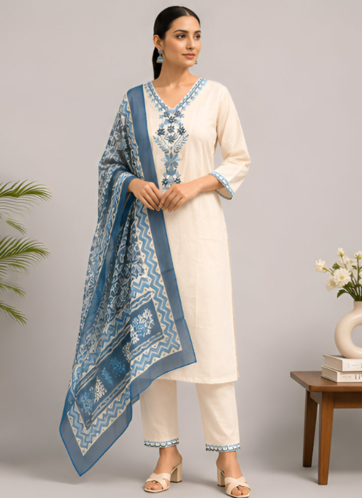 White Rayon Slub Embroidered Festive Kurta Set