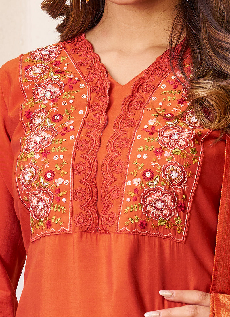 Rust Roman Silk Embroidered Festive Kurta Set