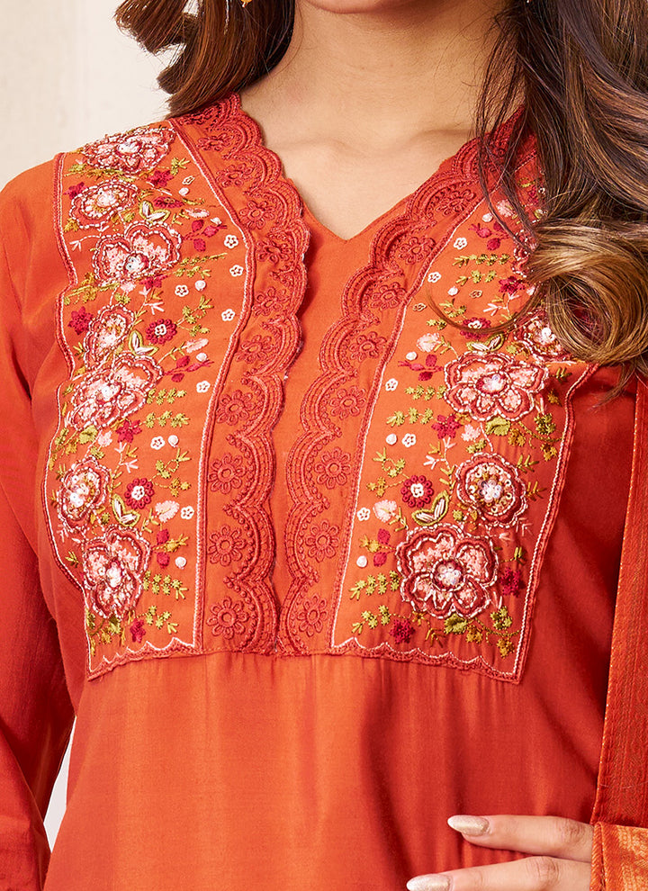 Rust Roman Silk Embroidered Festive Kurta Set