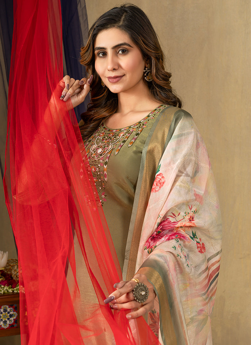 Green Shimmer Silk Embroidered Kurta Set For Festive