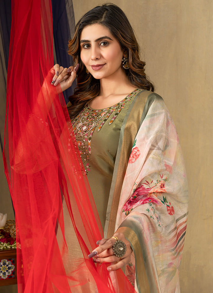 Green Shimmer Silk Embroidered Kurta Set For Festive