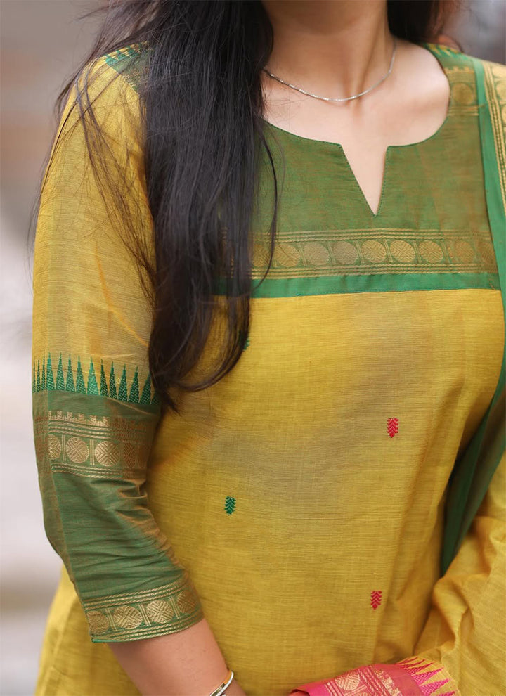 Lemon Yellow Cotton Woven Festive Wear Kurta And Dupatta