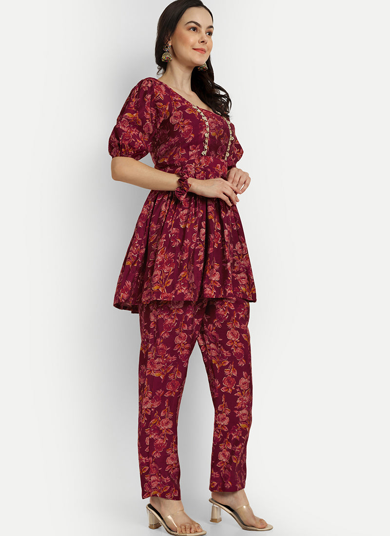 Maroon Lace Work Peplum Casual Cord Set