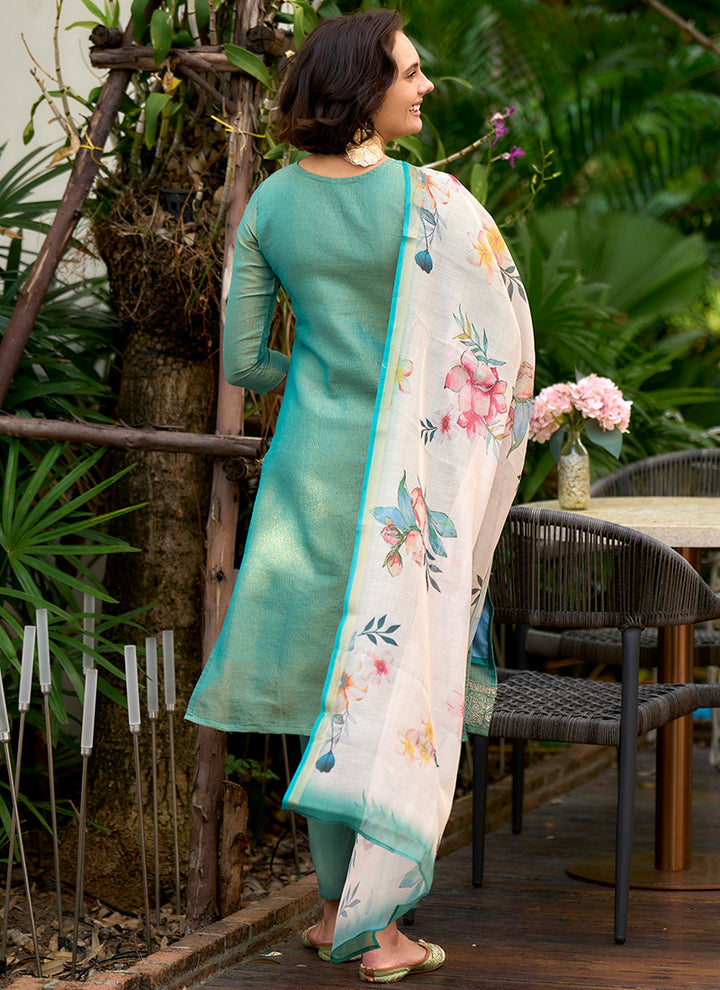 Sea Green Tissue Kurta With Trouser And Dupatta