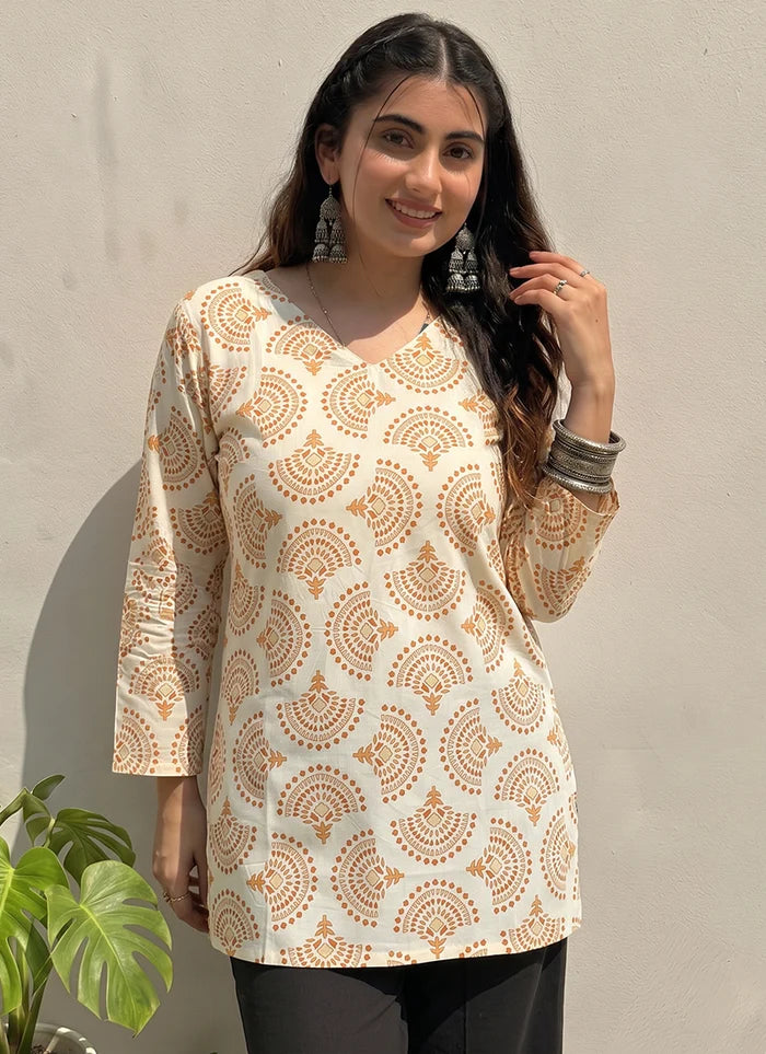Off White Cotton Printed V Neck Office Wear Kurti