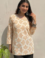 Off White Cotton Printed V Neck Office Wear Kurti