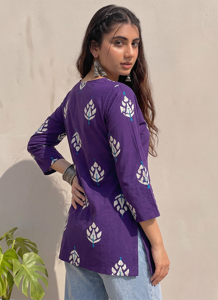 Purple Cotton Printed V Neck OutWear Kurti