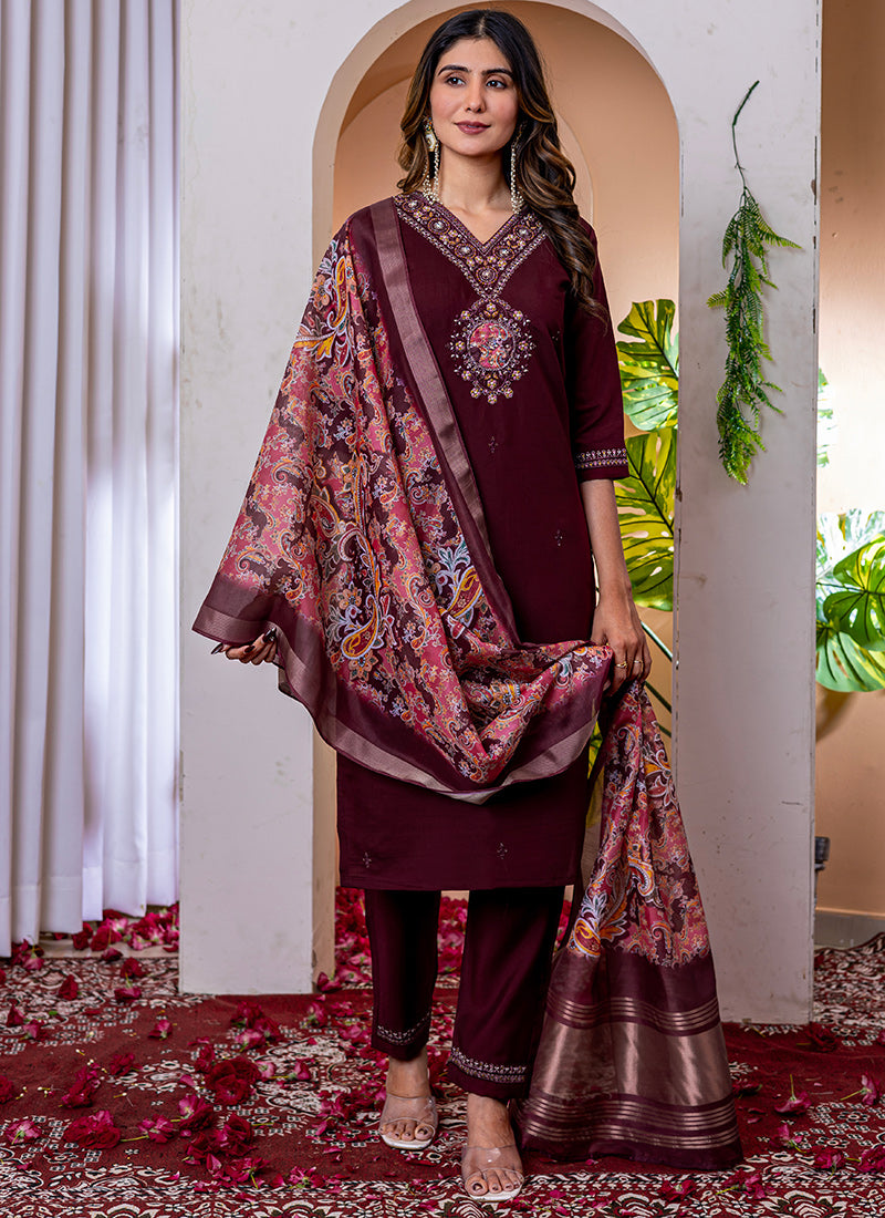 Wine Viscose Silk Embroidered V-Neck Salwar Suit