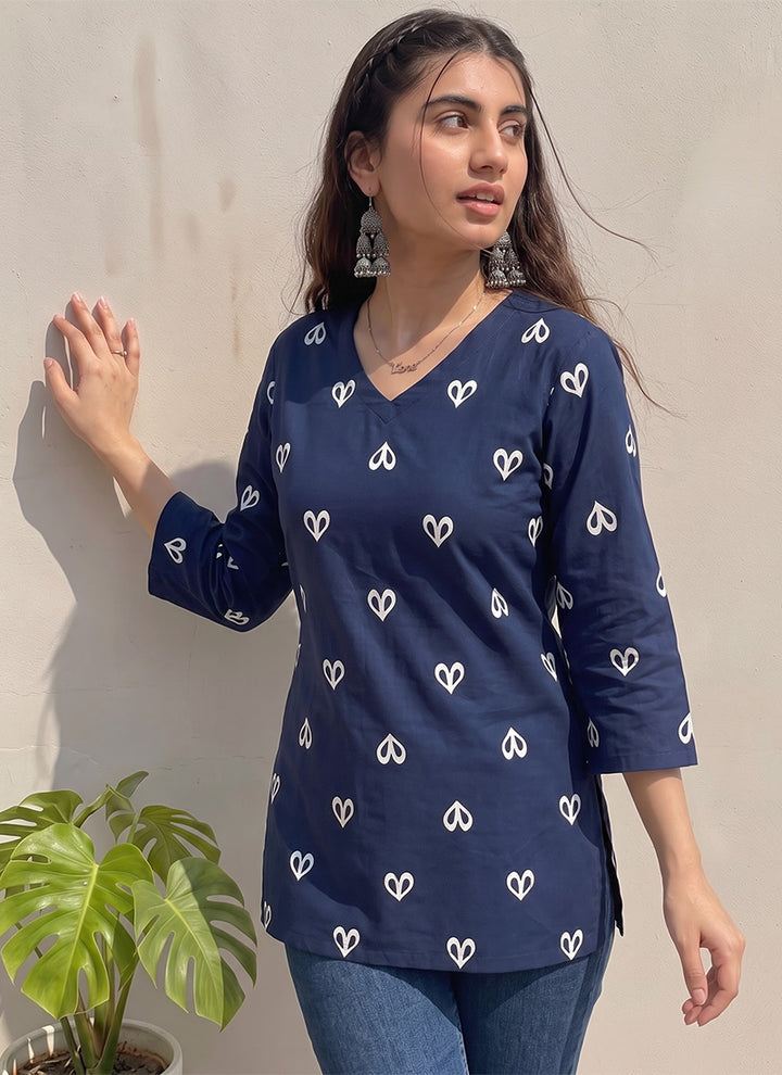 Blue Cotton Printed Office Wear Kurti
