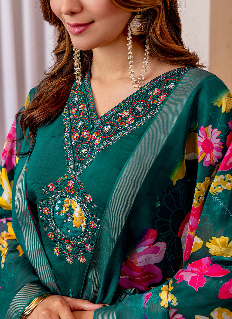 Green Viscose Silk V-Neck Embroidered Salwar Suit