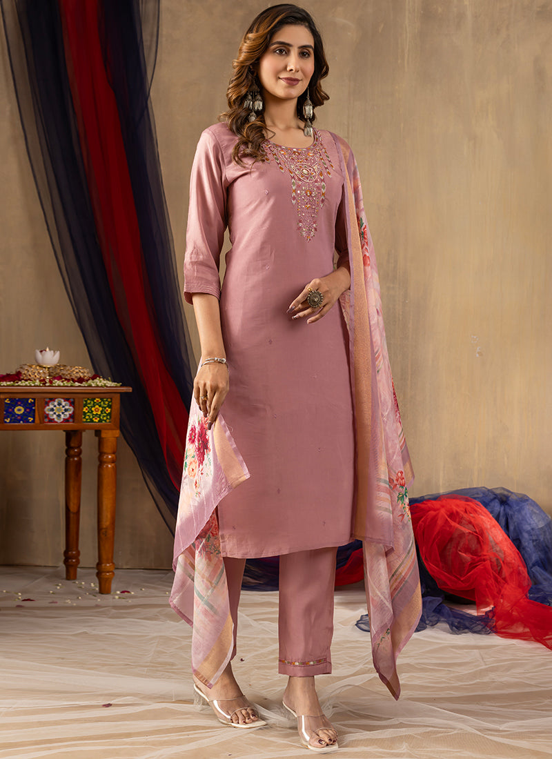 Onion Pink Shimmer Silk Embroidered Kurta Set For Ceremonial