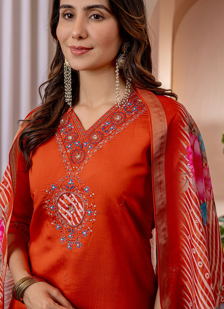 Orange V-Neck Viscose Silk Embroidered Salwar Suit