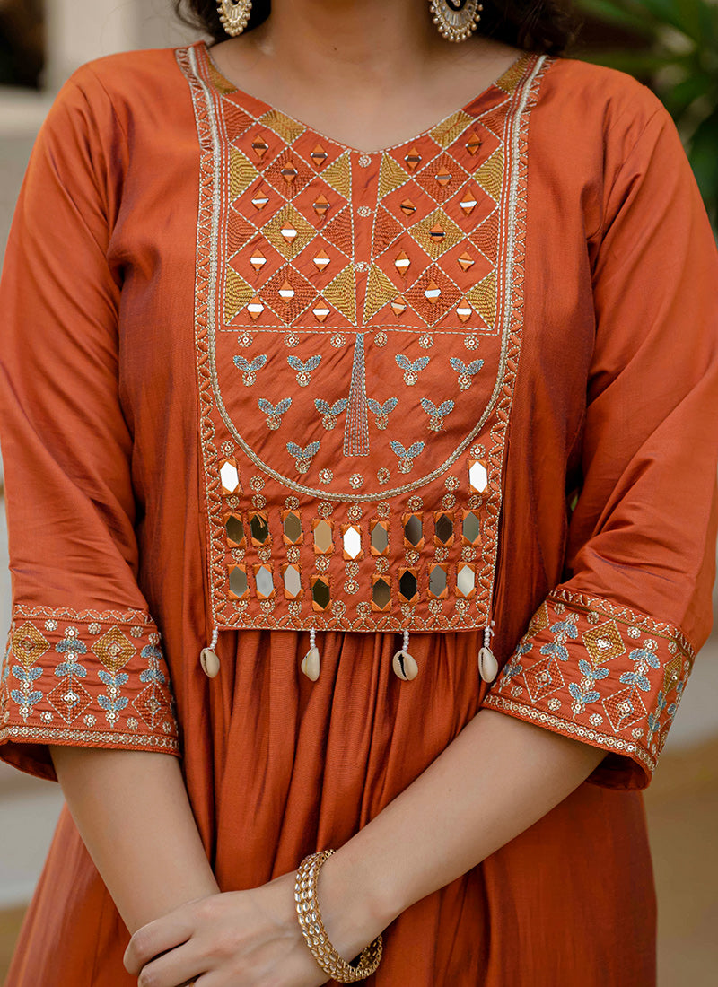 Orange Viscose Roman Silk Layered Kurta Set