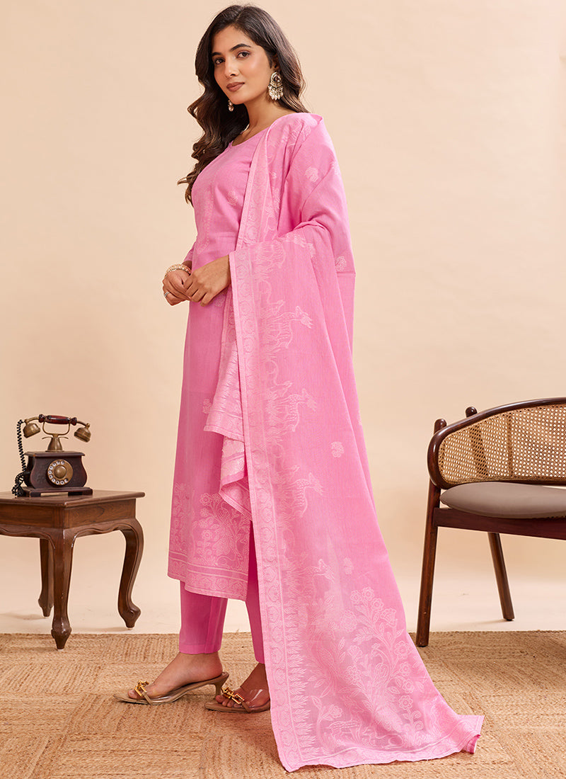 Candy Pink Pure Cotton Jacquard Kurta Set