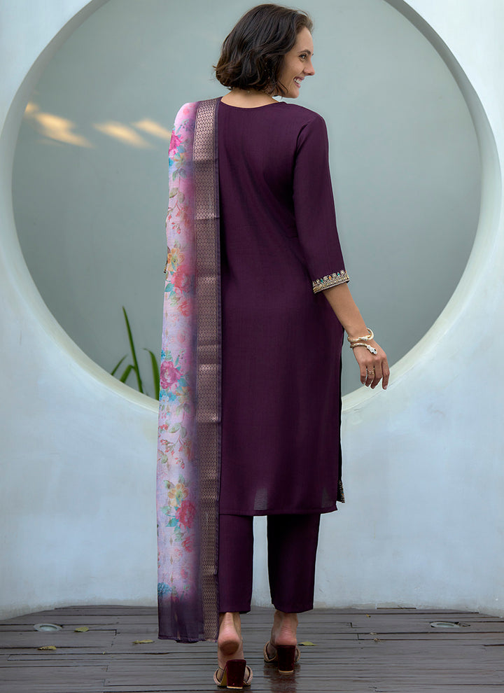 Wine Embroidered Straight Kurta Set With Dupatta