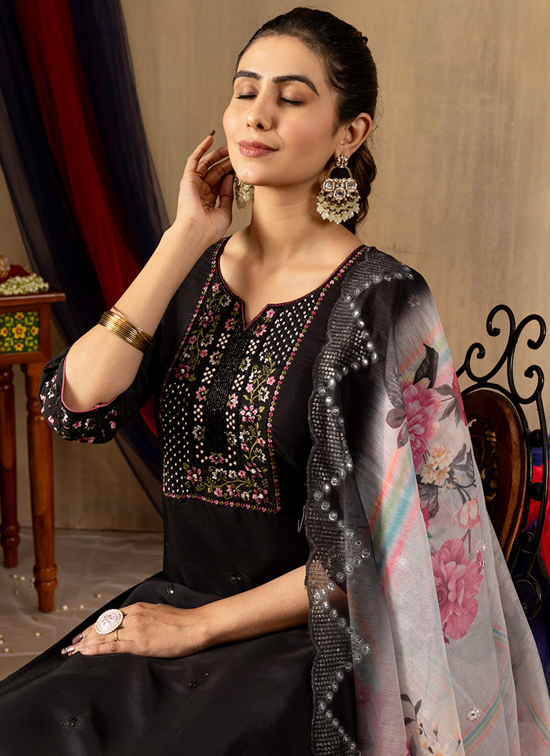Black Roman Silk Thread Work Salwar Set For Festive