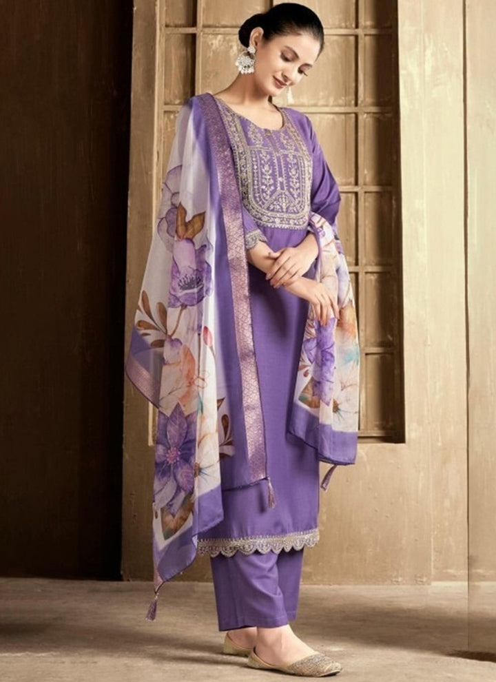 Deep Lavender Embroidered Rayon Straight Kurta Set