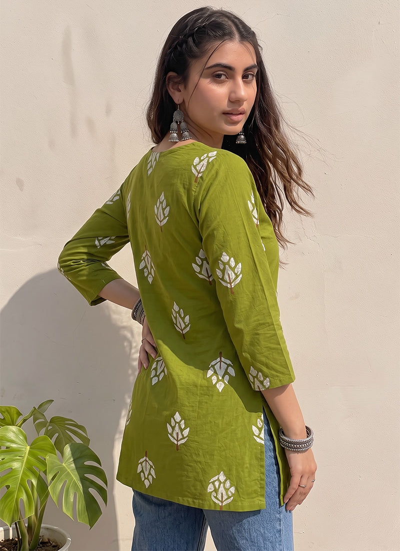 Green Cotton Printed V Neck OutWear Kurti