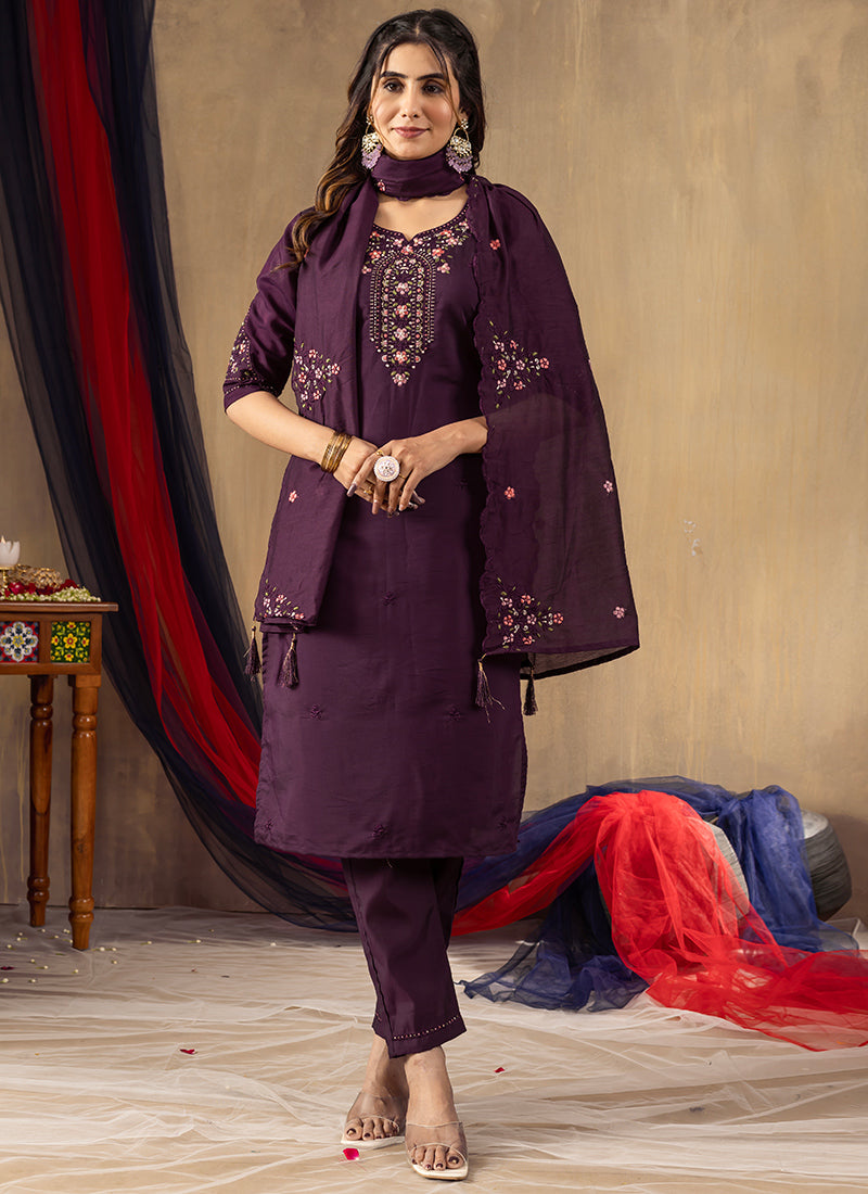 Wine Thread Embroidered Roman Silk Kurta Set