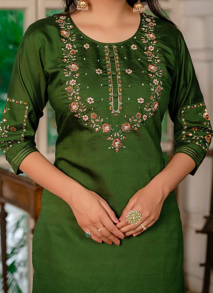 Marina Silk Green Thread Work Festive Kurta Set