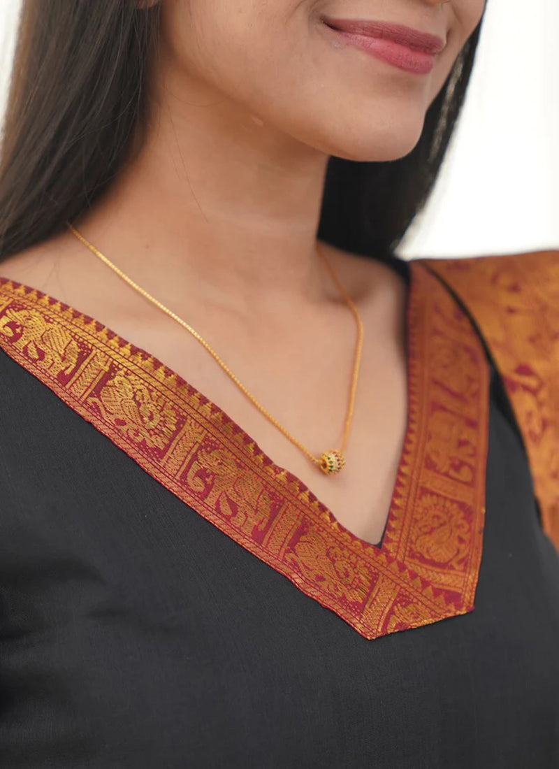 Black Kanchi Cotton Woven V-Neck Casual Kurta And Dupatta