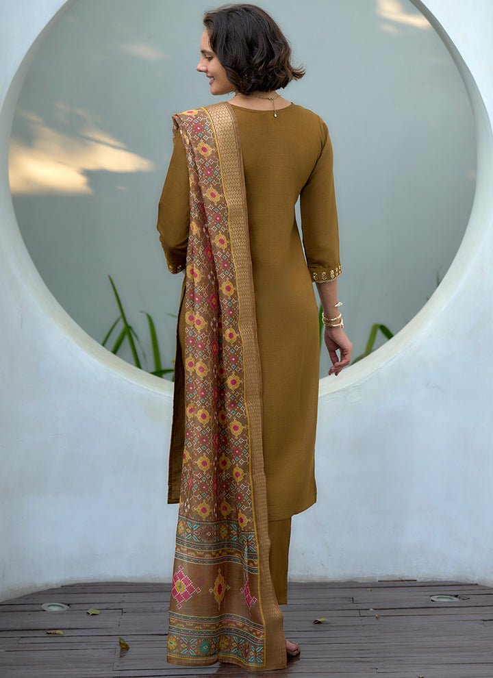 Khaki Yellow Vatican Embroidered Kurta Set With Dupatta