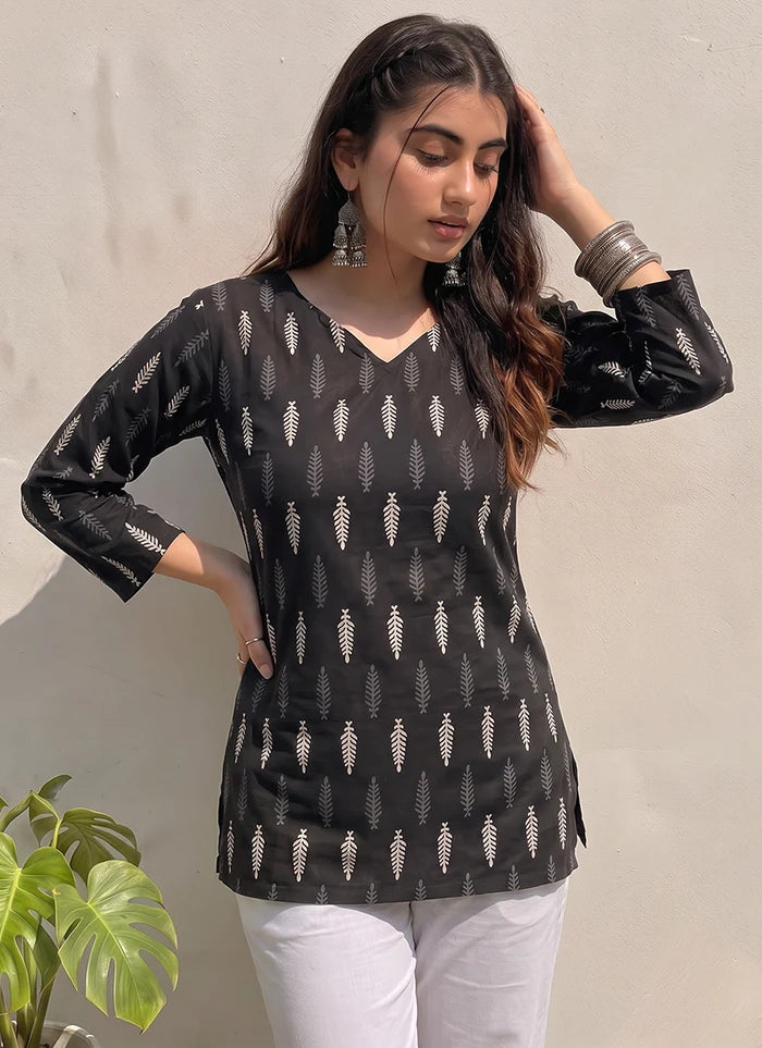 Black Cotton Printed V Neck Office Wear Kurti