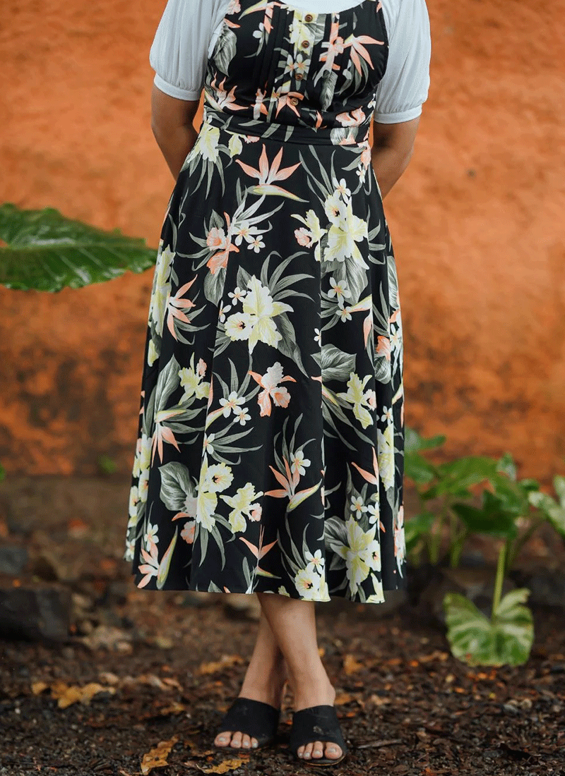 Blissful Floral Hawaiian Print  Rayon Dungaree Dress