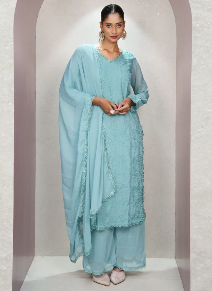Aqua Blue Georgette Palazzo Style Festive Kurta Set