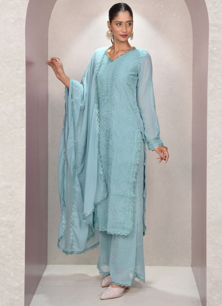 Aqua Blue Georgette Palazzo Style Festive Kurta Set