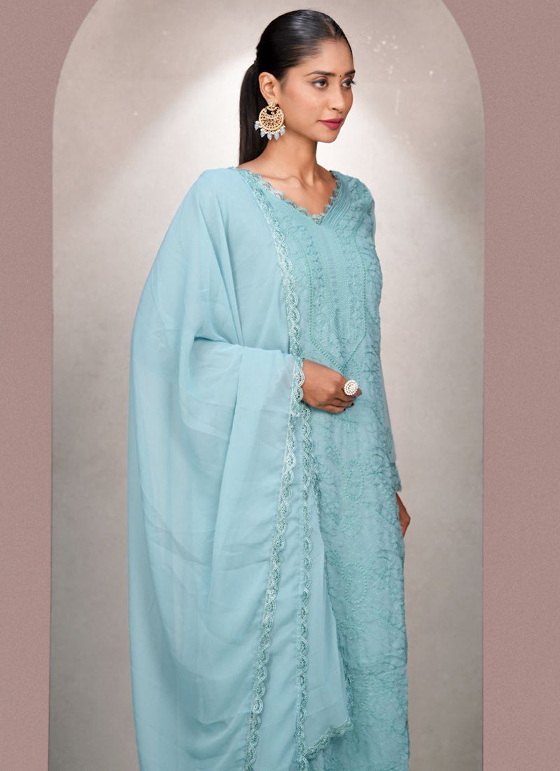 Aqua Blue Georgette Palazzo Style Festive Kurta Set