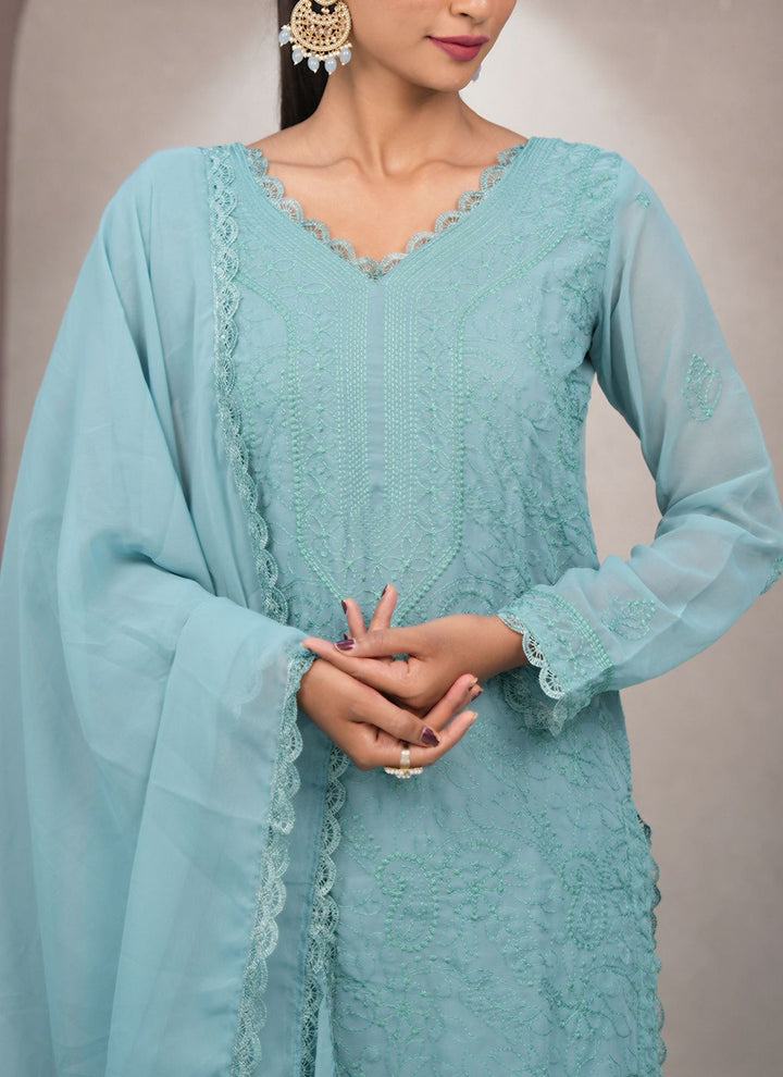 Aqua Blue Georgette Palazzo Style Festive Kurta Set
