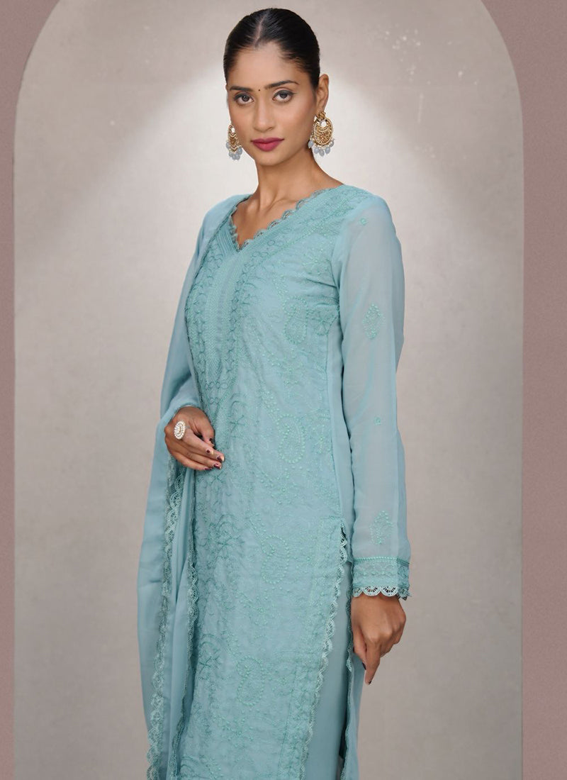 Aqua Blue Georgette Palazzo Style Festive Kurta Set