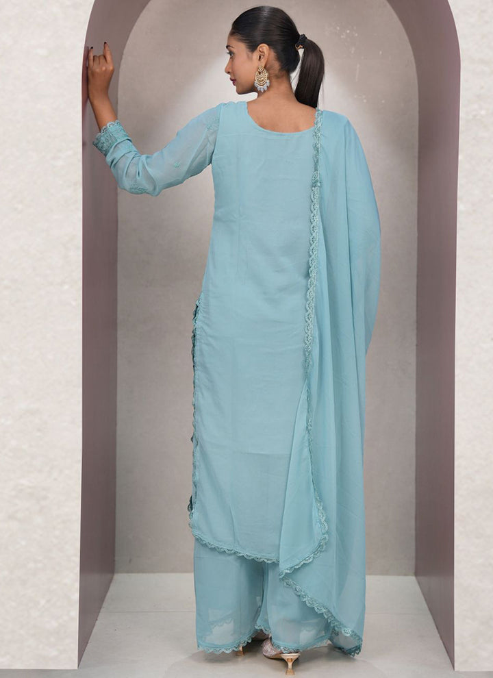 Aqua Blue Georgette Palazzo Style Festive Kurta Set