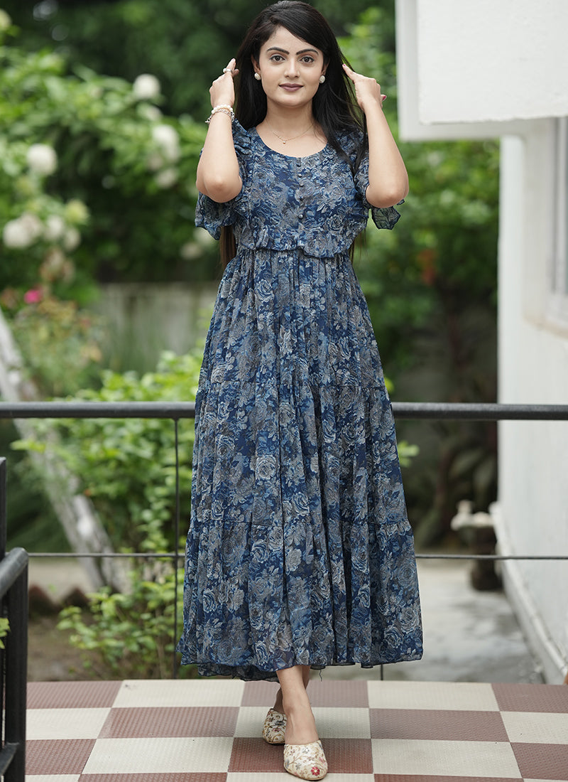 Blue Georgette Printed Festive Dress