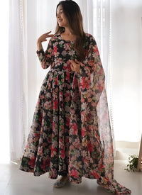 Black Floral Printed Organza Party Wear Dress With Dupatta