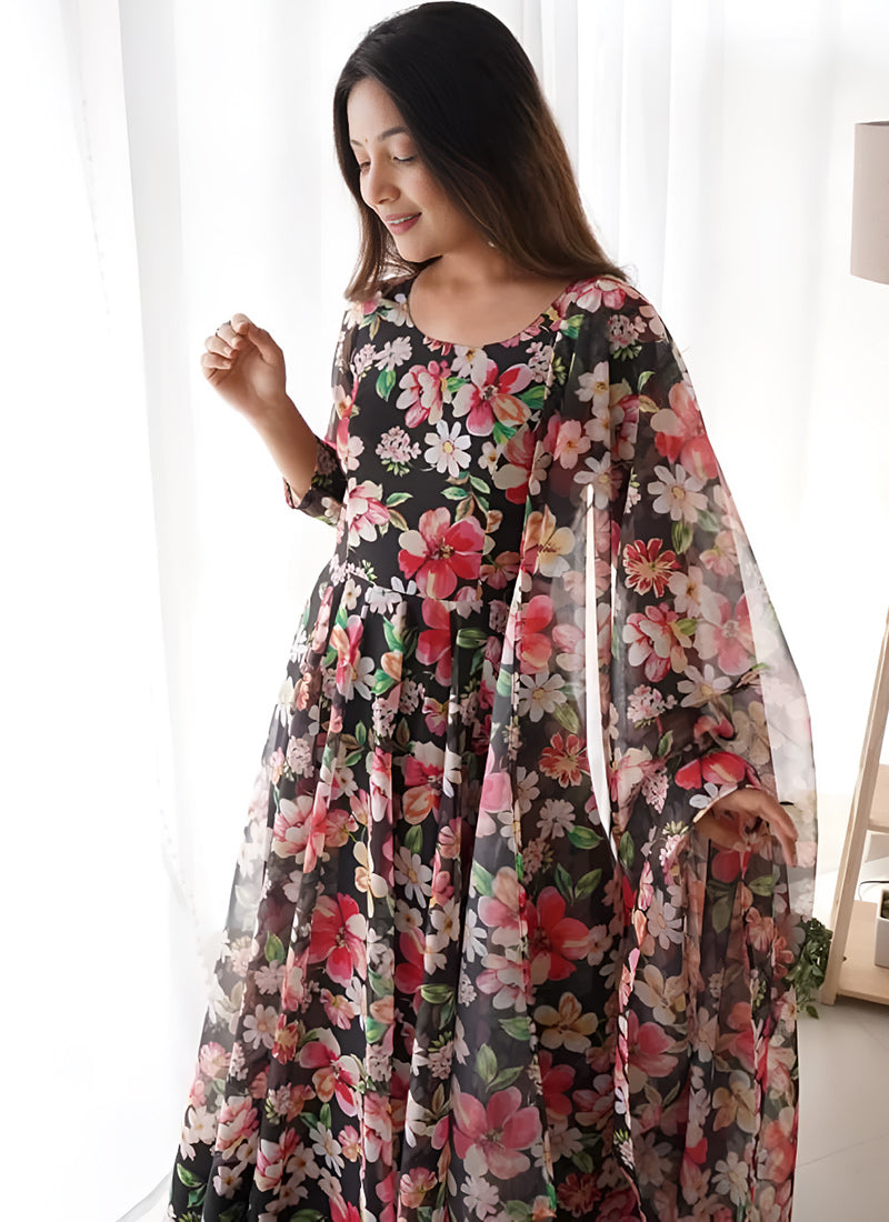 Black Floral Printed Organza Party Wear Dress With Dupatta