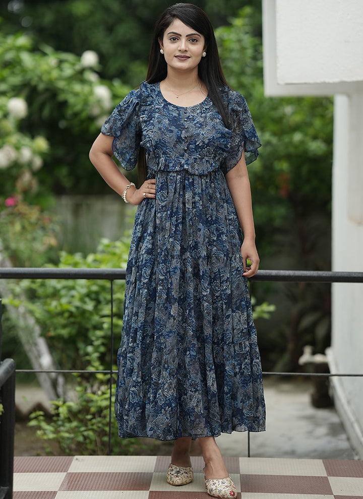 Blue Georgette Printed Festive Dress