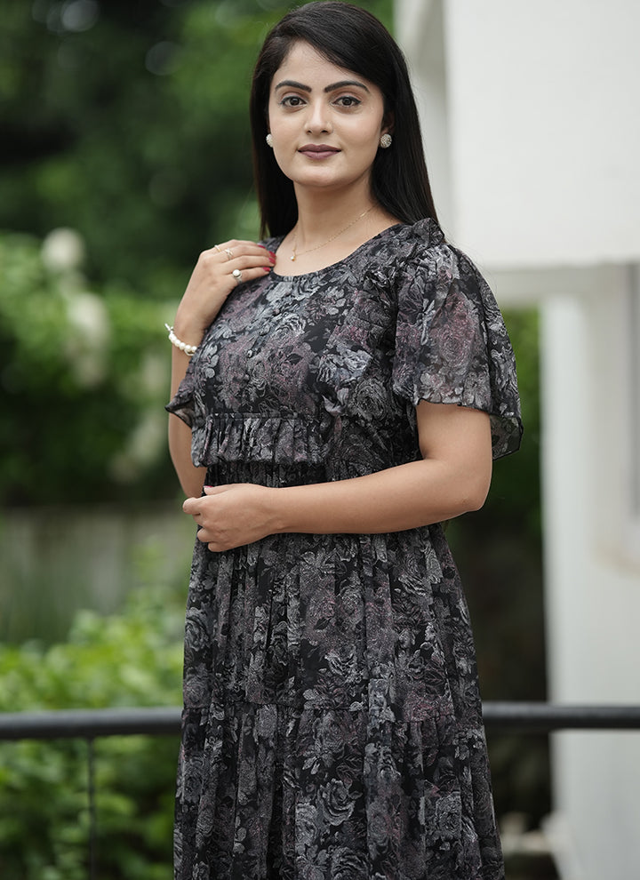 Black Georgette Printed Festive Dress