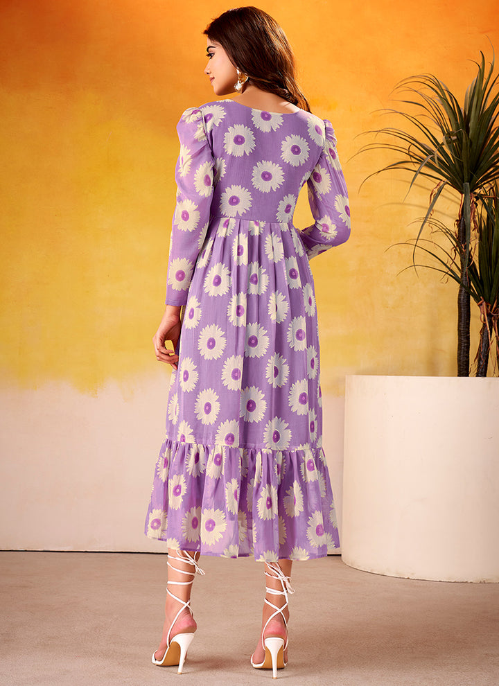 Floral Print Lavender Long Sleeve Tiered Midi Dress