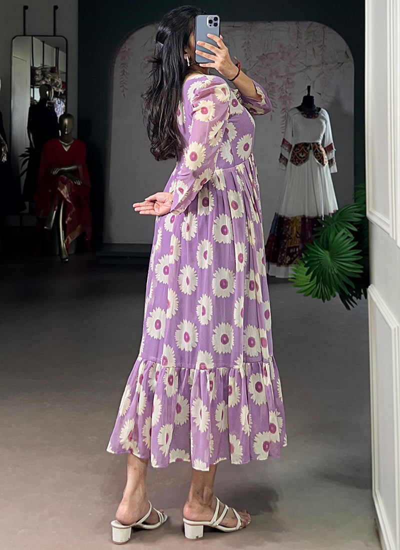 Floral Print Lavender Long Sleeve Tiered Midi Dress