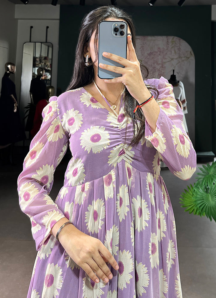 Floral Print Lavender Long Sleeve Tiered Midi Dress