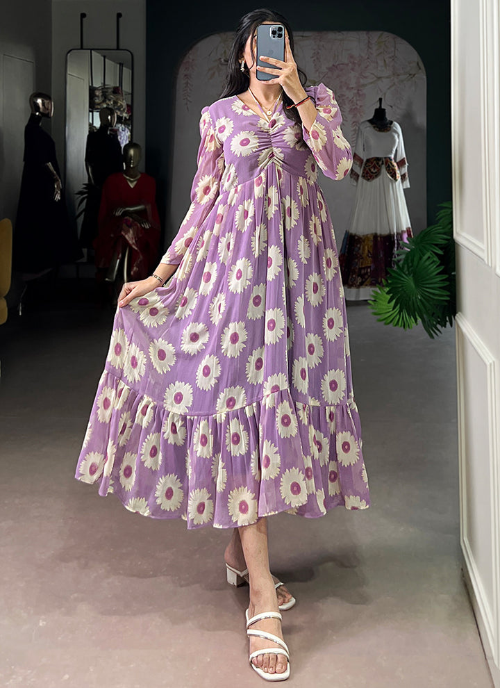 Floral Print Lavender Long Sleeve Tiered Midi Dress