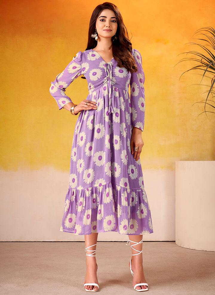 Floral Print Lavender Long Sleeve Tiered Midi Dress