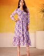 Floral Print Lavender Long Sleeve Tiered Midi Dress