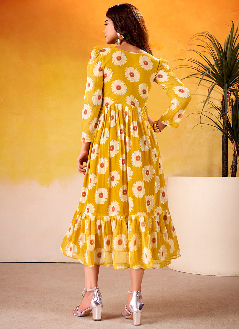 Floral Print Mustard Long Sleeve Tiered Midi Dress