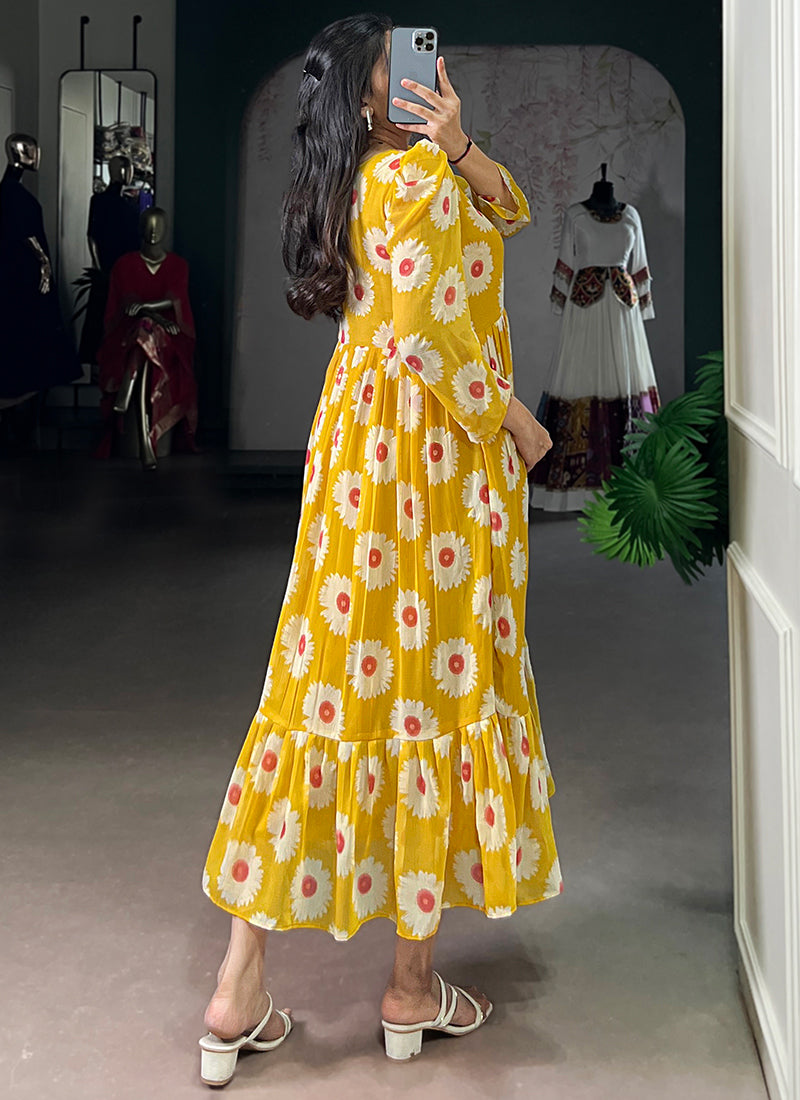 Floral Print Mustard Long Sleeve Tiered Midi Dress