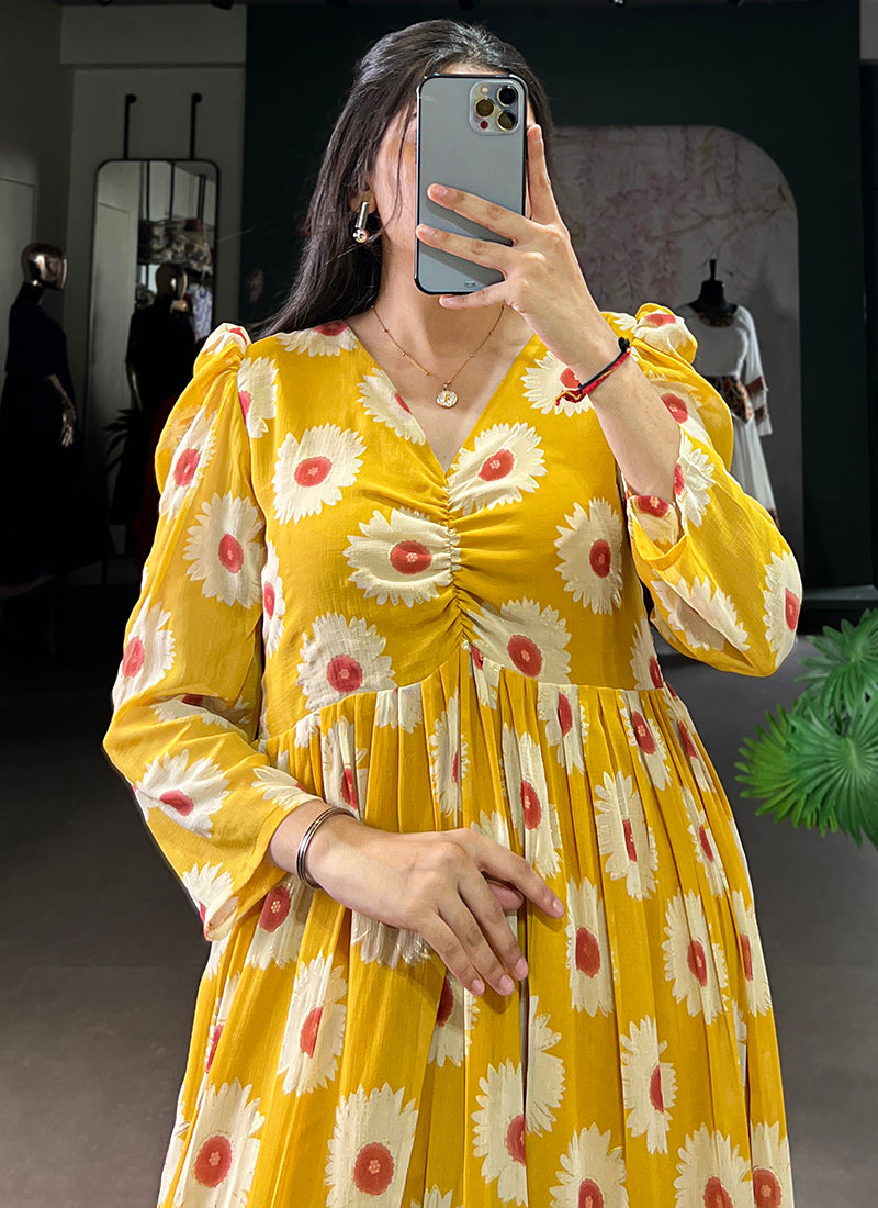 Floral Print Mustard Long Sleeve Tiered Midi Dress
