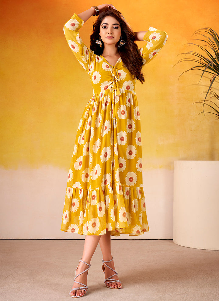 Floral Print Mustard Long Sleeve Tiered Midi Dress