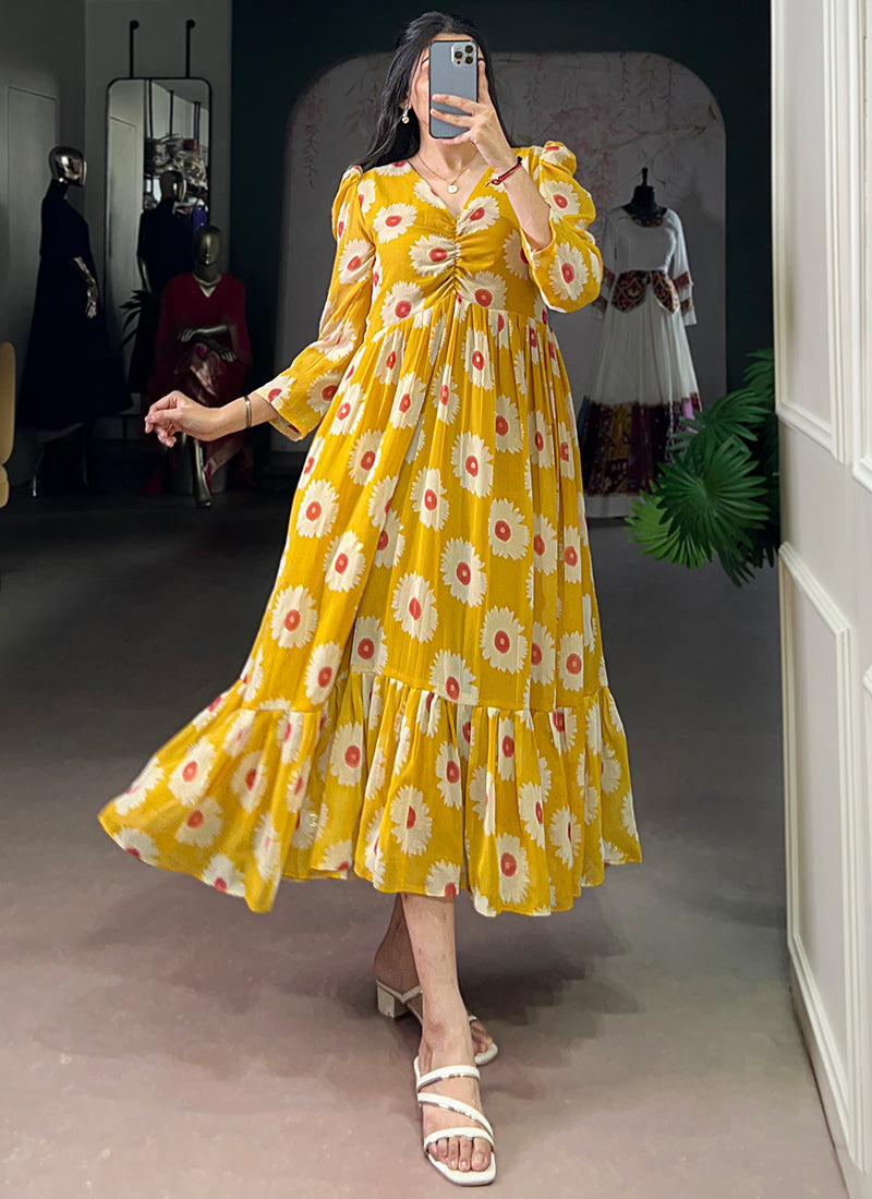 Floral Print Mustard Long Sleeve Tiered Midi Dress